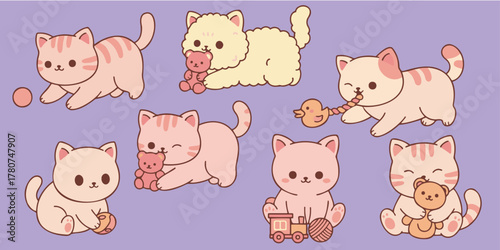 cute kawaii cat relaxing seamless pattern background
