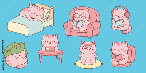 kawaii pink cats reading and relaxing sticker set