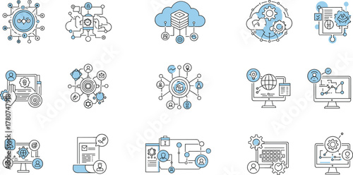 Technology Icons, Data Processing, Cloud Storage, Digital Workflow, System Integration, User Management, Analytics, Interface, Gear, Document, Avatar, Network, Security, Computing, Communication