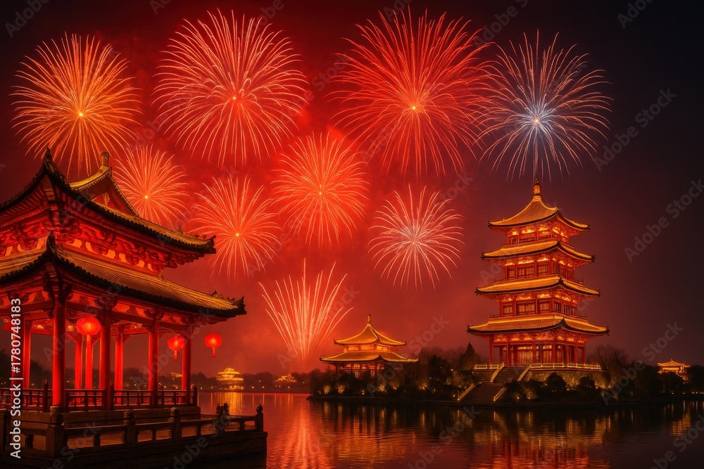 Fototapeta premium Chinese new year celebration background with fireworks.