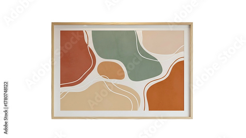 Framed abstract wall art featuring earthy tones and fluid shapes hangs against a dark background.