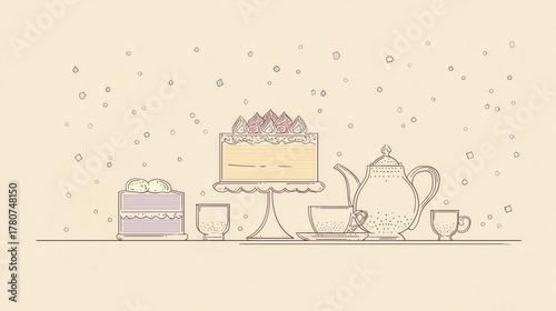 Afternoon Tea Illustration with Cakes, Teapot and Cups in Hand Drawn Style, Decorative Design Element for Wallpaper Poster Banner in Food and Lifestyle Projects