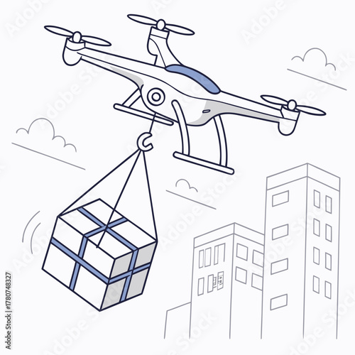 Drone delivery service carrying package over city