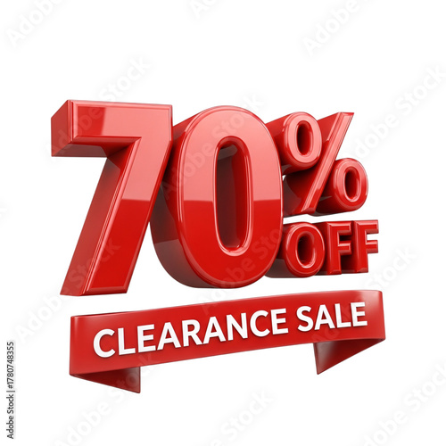 Seventy percent clearance sale off with glossy red 3d text and matching ribbon
