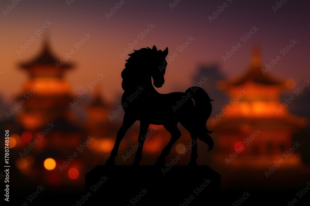 Naklejka premium Chinese new year background with horse silhouette.