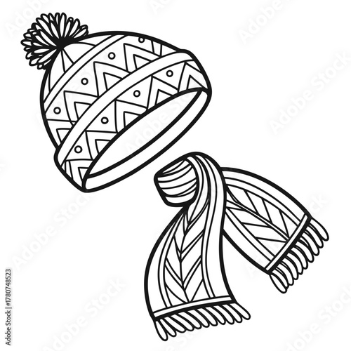 Handdrawn winter hat and scarf for coloring book