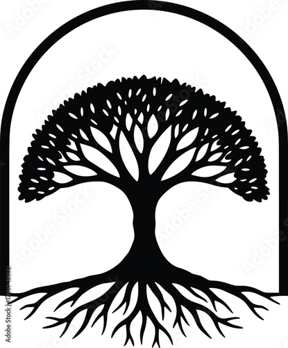 Tree silhouette, arch frame, root and branch, nature symbol, black vector, spiritual design, growth concept, symmetry, grounded life, organic balance