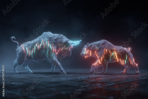 Digital representations of a bull and bear, symbolizing financial market trends, with vibrant data visualizations and a dark atmospheric background
