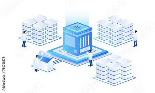 Artificial intelligence big data isometric vector illustration. Artificial intelligence data center analyzing server hardware technology, computer electronics and AI systems landing page template.