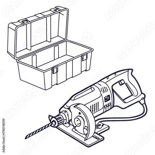 Illustration of a rotary hammer drill and toolbox