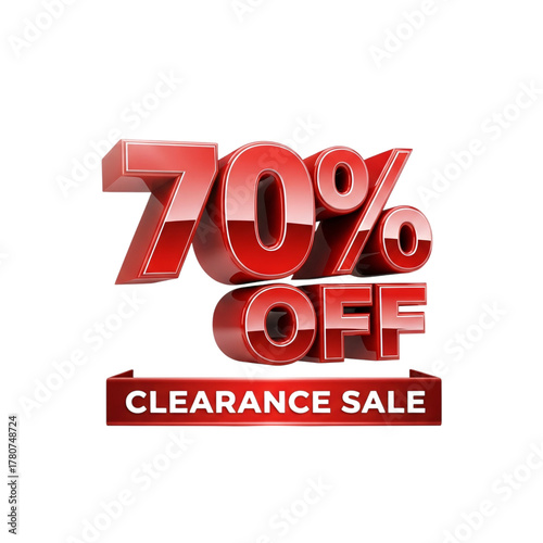 Seventy percent off clearance sale, red 3d text with shiny ribbon banner design