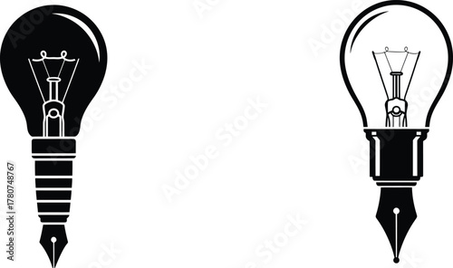 Two stylized light bulbs with pen nibs, representing ideas and writing