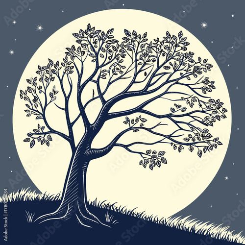 Silhouette of a tree against the moonlit sky on a starry night landscape