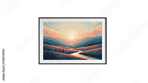 Stylized scenic landscape features rolling hills, a winding stream, and a setting sun with pastel clouds
