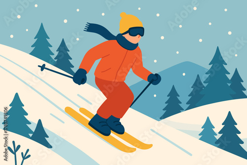 Skier cartoon illustration ,winter, sport, mountains, snow, recreation
