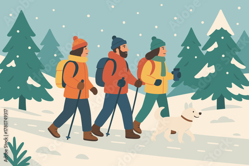 Winter hiking illustration ,family, snow, mountains, outdoor, travel
