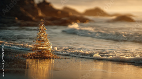 Golden christmas tree on beach with ocean waves and rocks in the background