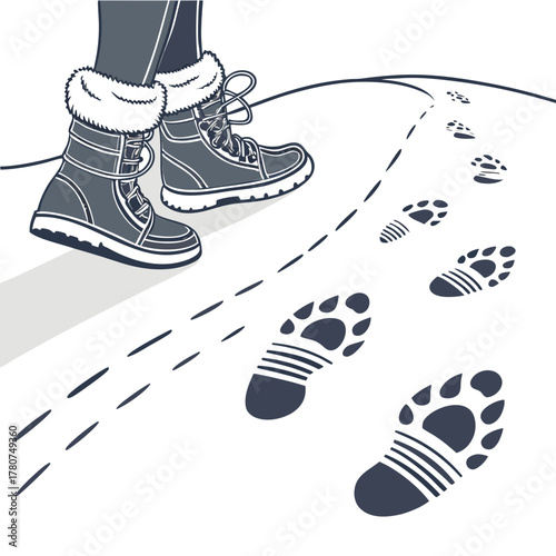 Winter boots leaving footprints in the snow