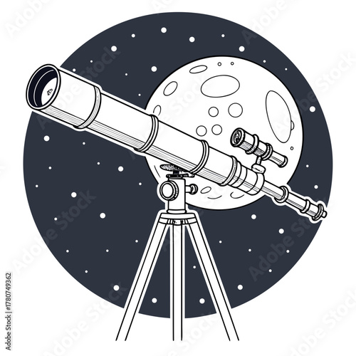 Telescope observing the moon and stars in the night sky, astronomy concept