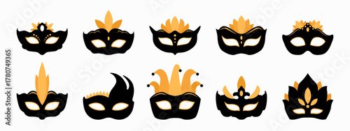 Carnival disguises, set of flat vector masquerade masks with yellow feathers. Elegant black carnival design elements for invitations, posters, decorations, and festive projects.