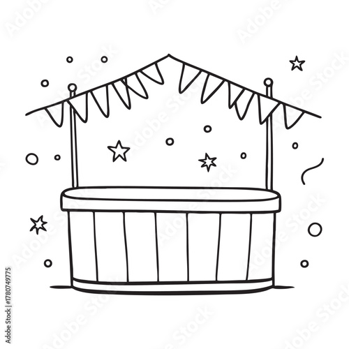 New Year banner stretched above a compact party booth structure