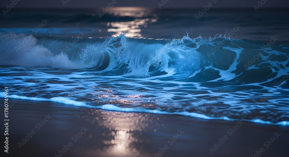Naklejka premium Bioluminescent wave crashing on the beach at night with moon reflection