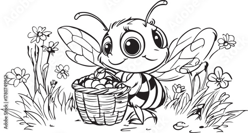 Cartoon bee insect illustration flying to a flower drawing with a cute smile on a white background
