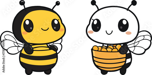 A funny yellow cartoon bee character smiles with honey