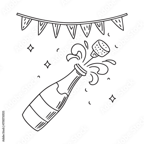 New Year champagne cork popping near a bold celebration banner