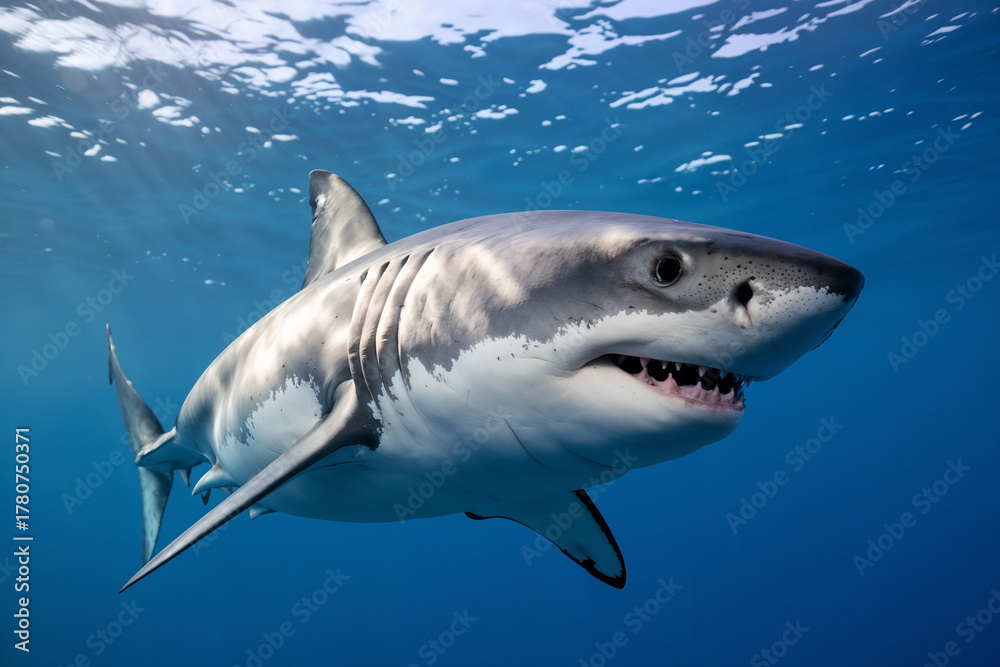 Fototapeta premium A menacing great white shark is captured mid-swim beneath the ocean surface, showcasing its powerful form, gaping mouth, sharp teeth, and contrasting white underbelly against the deep blue water.