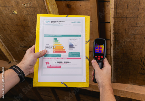 Une personne en train de remplir le formulaire du DPE avec dans une main le diagnostique de performance énergétique, et dans l'autre main, une caméra thermique pour les fuites de chaleur. 
