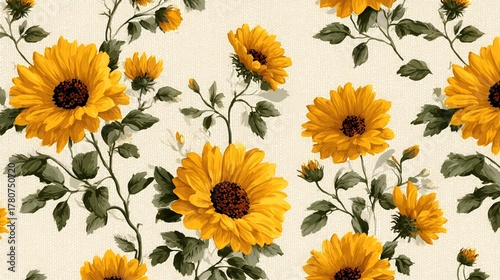 Vintage Sunflower Floral Pattern with Yellow Blooms and Green Leaves, Decorative Design Element for Wallpaper Poster Banner in Art and Decor Projects