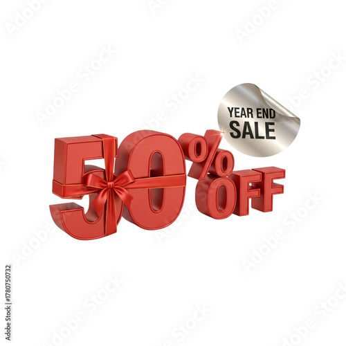 Red 50 percent off year end sale discount with a decorative ribbon and metallic sticker
