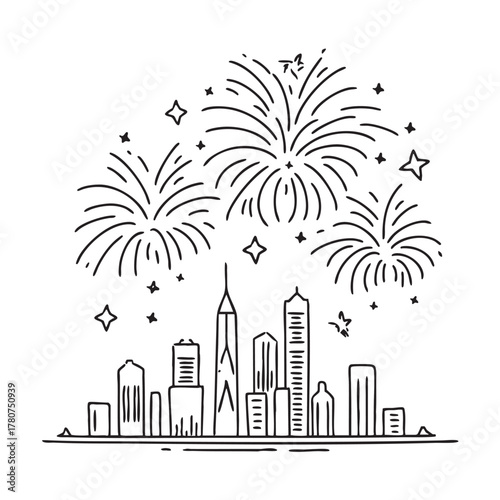 New Year fireworks bursting above a nighttime city skyline