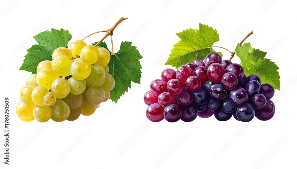 Fototapeta premium Black Grape Cluster Collection with Green Leaf, isolated on transparent background