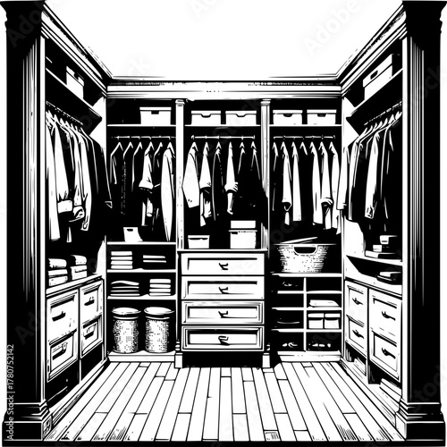 Organized Wardrobe: An architectural monochrome artwork shows a well-organized closet space filled with hanging garments, shelves, and drawers, highlighting the art of storage and design.