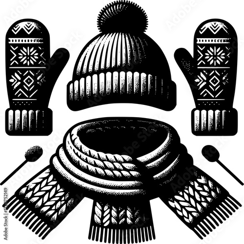 Winter Warmth: A cozy collection of knitted winter accessories, perfect for embracing the cold. Showcasing the timeless appeal of knitted scarves, mittens and hats for winter.