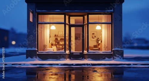 Fototapeta Naklejka Na Ścianę i Meble -  Charming small business local storefront illuminated at winter dusk, glowing shop windows reflecting cozy ambiance and inviting warmth amid cold seasonal evening