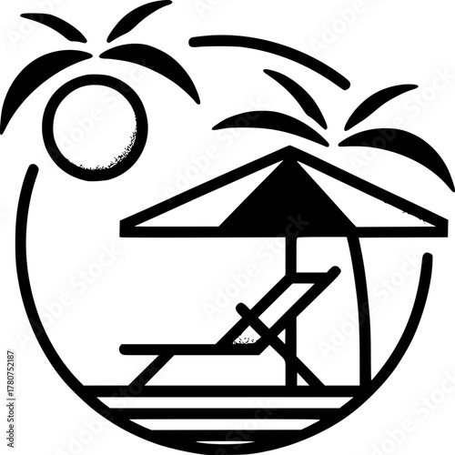 Tropical Summer Escape: A minimalist monochrome illustration of a serene beach scene, featuring a sun, palm tree, and beach chair inviting relaxation and escape.