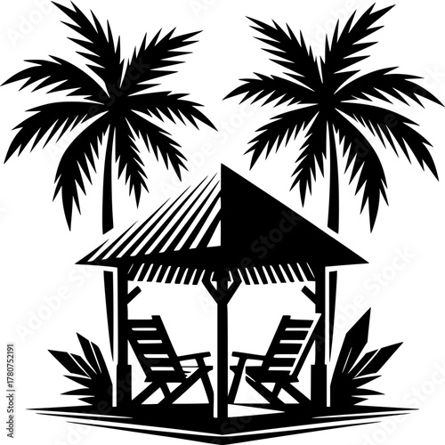 Tropical Retreat: Silhouette of a shaded gazebo on a tropical beach. Two lounge chairs invite relaxation amidst towering palm trees. Embrace the sun and serenity.