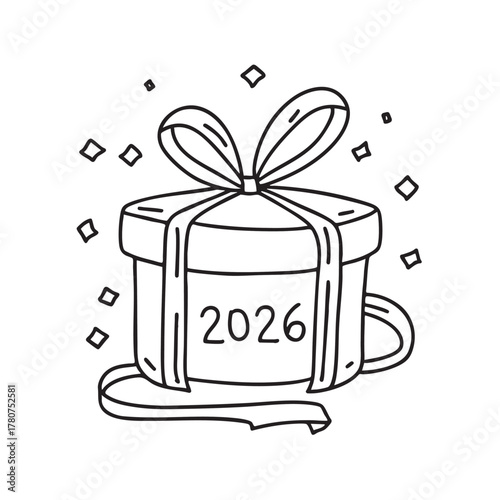 New Year ribbon wrapped tightly around a 2026 gift box
