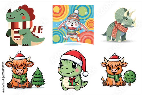 Adorable winter cartoon animals and dinosaurs with holiday cheer set