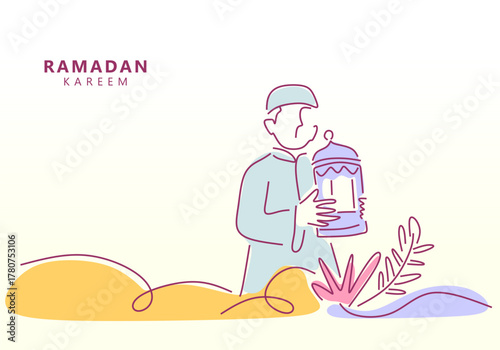 line art illustration of a Muslim man holding a lantern to celebrate Ramadan Kareem.