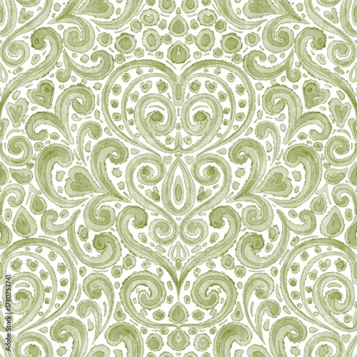 Watercolor seamless damask pattern with whimsical green floral ornament