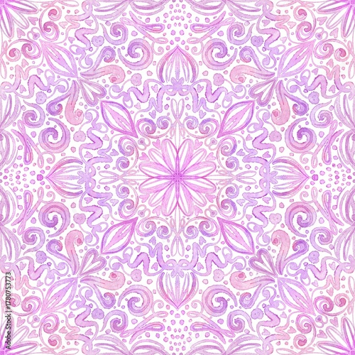 Watercolor seamless kaleidoscope pattern in pink on white background