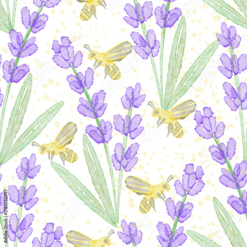 Watercolor seamless pattern with lavender flowers and honey-collecting bees