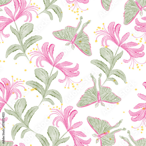 Watercolor seamless pattern with pink exotic flowers and butterflies fluttering above them.
