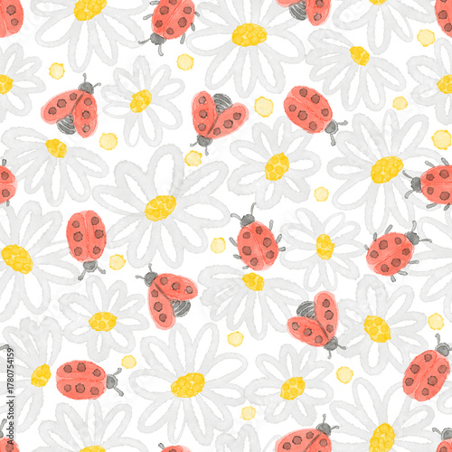 Watercolor seamless pattern with daisy flowers and ladybugs