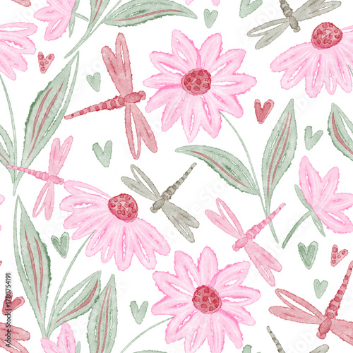 Watercolor seamless pattern with pink wildflowers and dragonflies flying over them