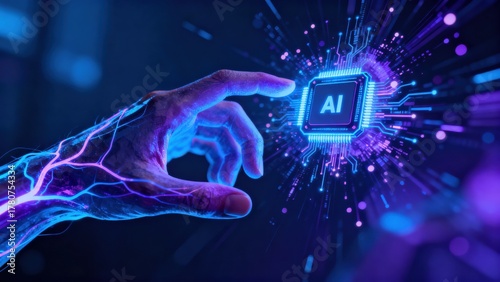 Futuristic hand reaching for AI technology concept.